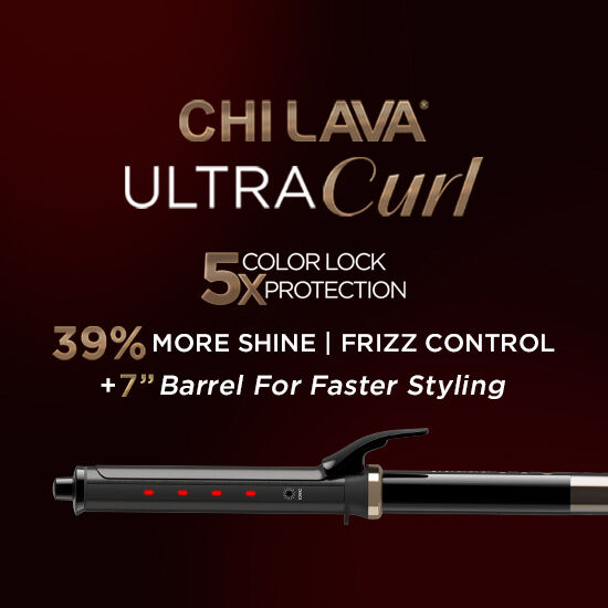Woman with wavy blonde hair holding CHI Lava hair styling tool. Text promotes new product with advanced technology and natural minerals for healthier hair.